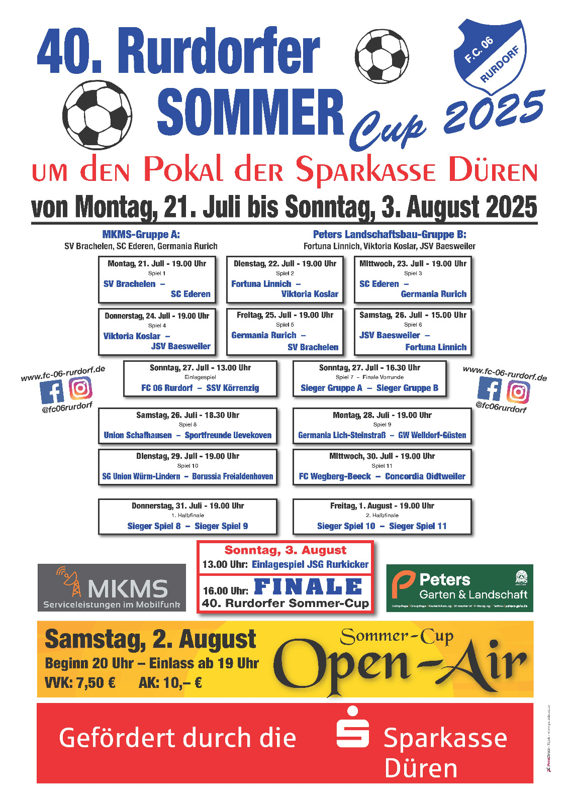 Das Bild zeigt den Spielplan für den 40. Rurdorfer Sommercup 2025.